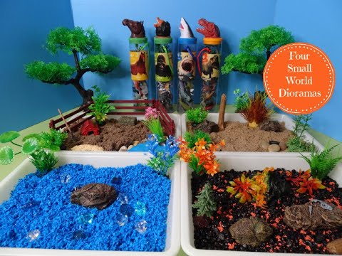 Four Small World Tray Dioramas With Animal Planet Farm, Safari, Ocean, & Dinosaur Figure Tubes