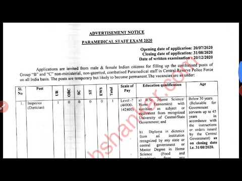 Crpf Pharmacist staff nurse vacancy 2020