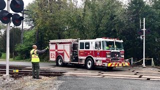 Fire Trucks Wait For Train!  Buckingham Branch Railroad Switching Customer
