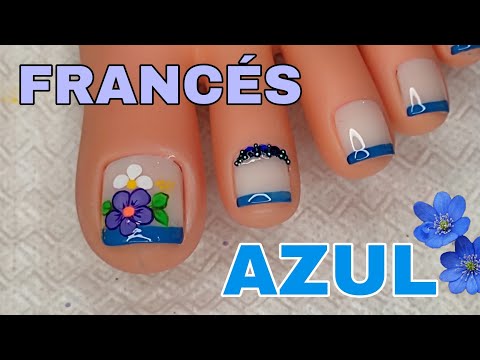 Diseño de uñas FRANCÉS AZUL/Uñas decoradas con flores . 💙🌸