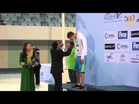 Grigory Tarasevich breaks the 50m Backstroke record - 4th FINA World Junior Swimming, Dubai 2013