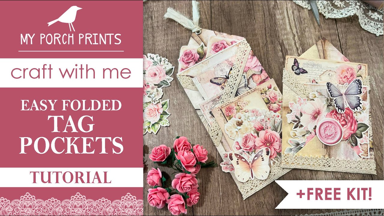 EASY FOLDED TAG POCKET 🌸 + FREEBIE KIT | PINK BUTTERFLY | My Porch Prints Junk Journal Ideas