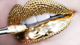 Makeup Tutorial Step by Step Using Gold Pigment &amp; Studs | Lip Art