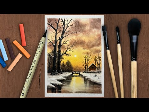 Winter Sunset Landscape Drawing | Soft Pastel & Charcoal Scenery Art