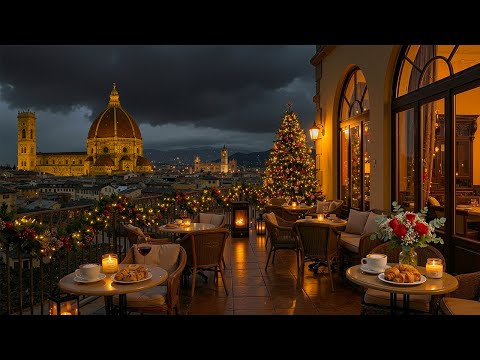 Italy Christmas Jazz Café ☕ Cozy Winter Balcony Café Ambience with Fireplace & Soft Jazz Music Focus
