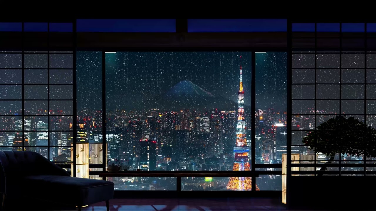 Rain Over Tokyo w Distant Rolling Thunder Sounds for sleep, study, relaxation | ASMR 4K