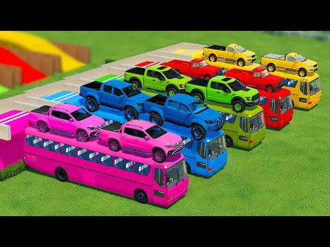 TRANSPORTING DACIA, MERCEDES, FORD & TOYOTA PICKUP CARS WITH BUSES - Farming Simulator 22