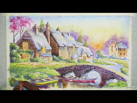 Mountains and Pine Tress Watercolor Pencil Landscape Drawing | steps to follow