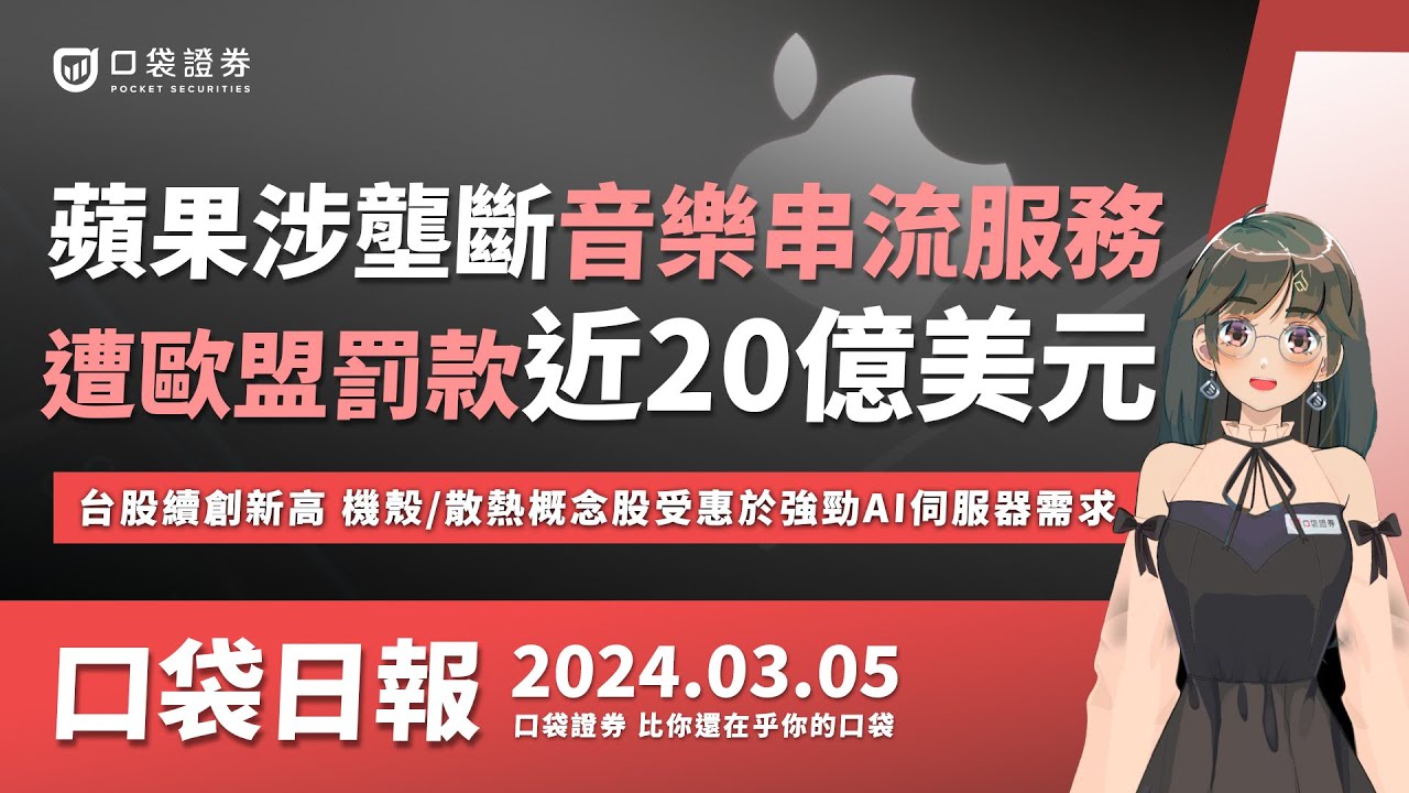 【口袋日報】蘋果涉壟斷音樂串流服務,遭歐盟罰款近20億美元,台股續創新高,機殼、散熱概念股受惠於強勁AI伺服器需求!2024.03.05