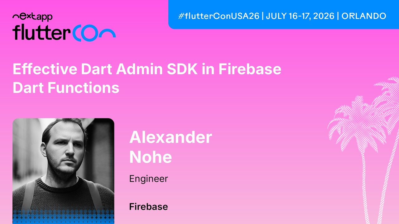 Learn how to use the Firebase Dart Admin SDK and Cloud Functions for Dart to build full-stack Dart applications. In this Fluttercon USA 2026 session, Alexander Nohe demonstrates setting up Dart functions, deploying them to Cloud Run, and interacting with Cloud Firestore, Firebase Authentication, and App Check.