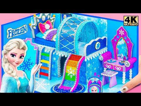 Make Frozen Dollhouse With Cold Bedroom, Rainbow Slide Pool for Elsa❄️ DIY Miniature Cardboard House