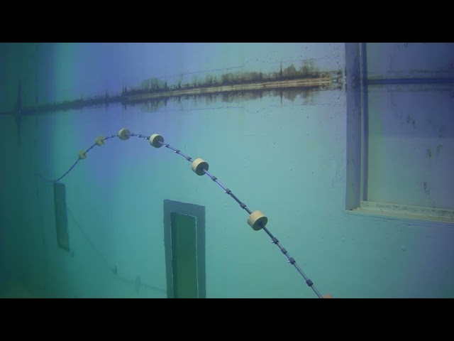 Model testing of the scaled lazy-wave riser in the Ocean basin laboratory at SINTEF. 