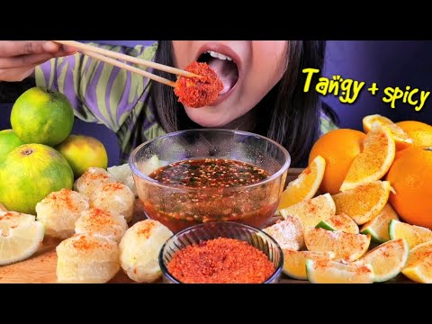 EATING TANGY LEMON & LIME WITH SPICY SAUCE + HOT PEPPER POWDER | EATING SOUR & SPICY FOOD CHALLENGE