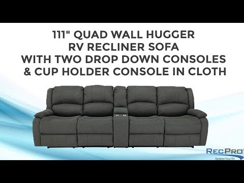 111" Quad Wall Hugger RV Recliner Sofa with Two Drop Down Consoles & Cup Holder Console in Cloth