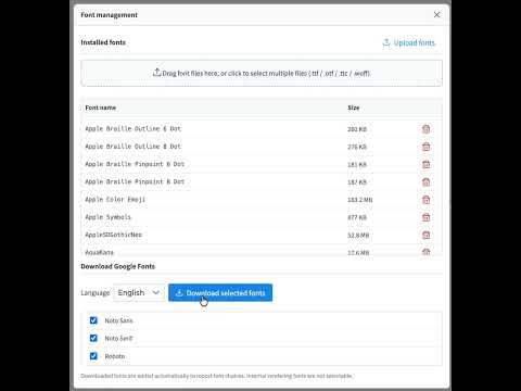 Font management: download Google Fonts and upload font files