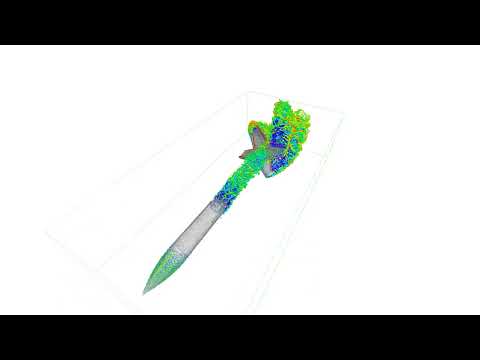 Irydium model rocket rolling through air (FluidX3D)