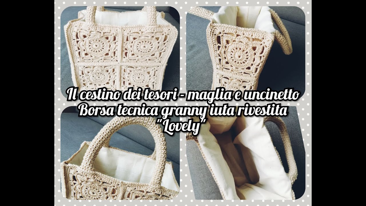 Come rivestire di mattonelle a uncinetto (granny) una borsa in iuta. Progetto borsa a mano Lovely