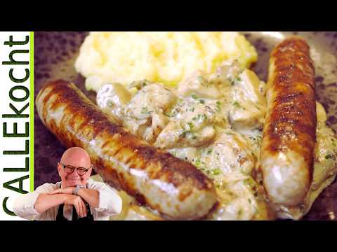 Steinpilze a la creme & grobe Bratwurst. Einfache Küche. Omas Rezept.