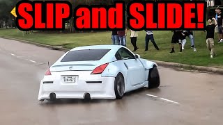 CARS SLIP AND SLIDE LEAVING CAR SHOW IN RAIN! (EPIC DRIFTS AND SLIDES! + FLAME THROWING LAMBOS!)