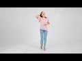 Caucasian Woman In Jeans And T Shirt Is Running On The Spot And Looking At Camera