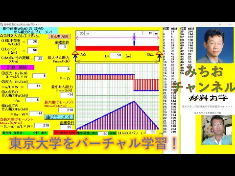 学校教育課程 東京大学　材料力学　両端支持1点集中荷重のせん断力図と曲げモーメント図，計算をVBでプログラムしてみる。東京大学をバーチャルで学習体験！さらに，プログラムで研究してみる。東大を感じよう！