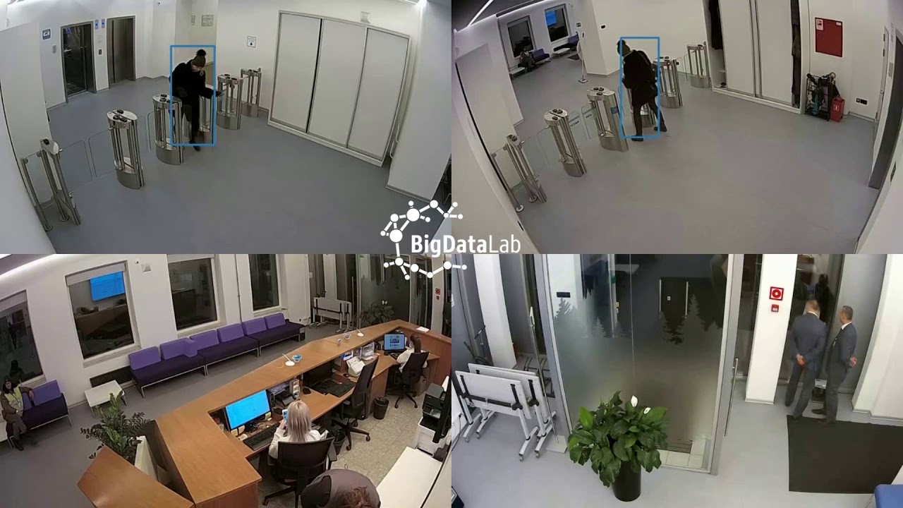 Multi Camera Tracking (MCT)  algorithm example on 4 cameras. Computer Vision from Big Data Lab.