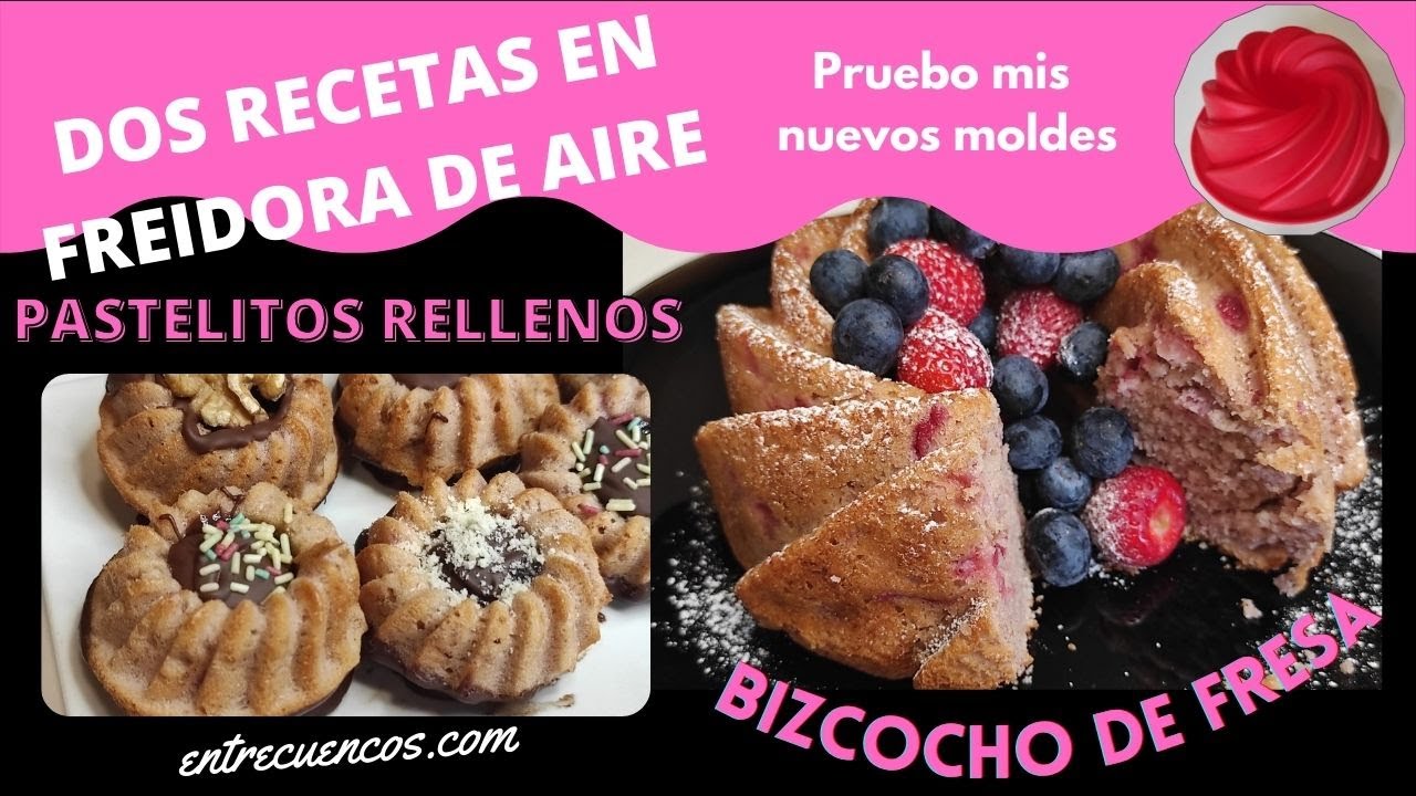 ✅ BIZCOCHO en FREIDORA DE AIRE de fresa 🍓 ‼ | 2 recetas en Airfryer| Probando MOLDES DE SILICONA