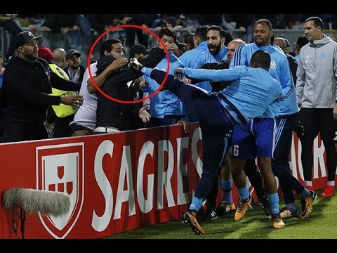 Patrice Evra kicking a Marseille Fan   Vitoria Guimaraes vs Marseille   EUROPA LEAGUE 2 11 2017 HD