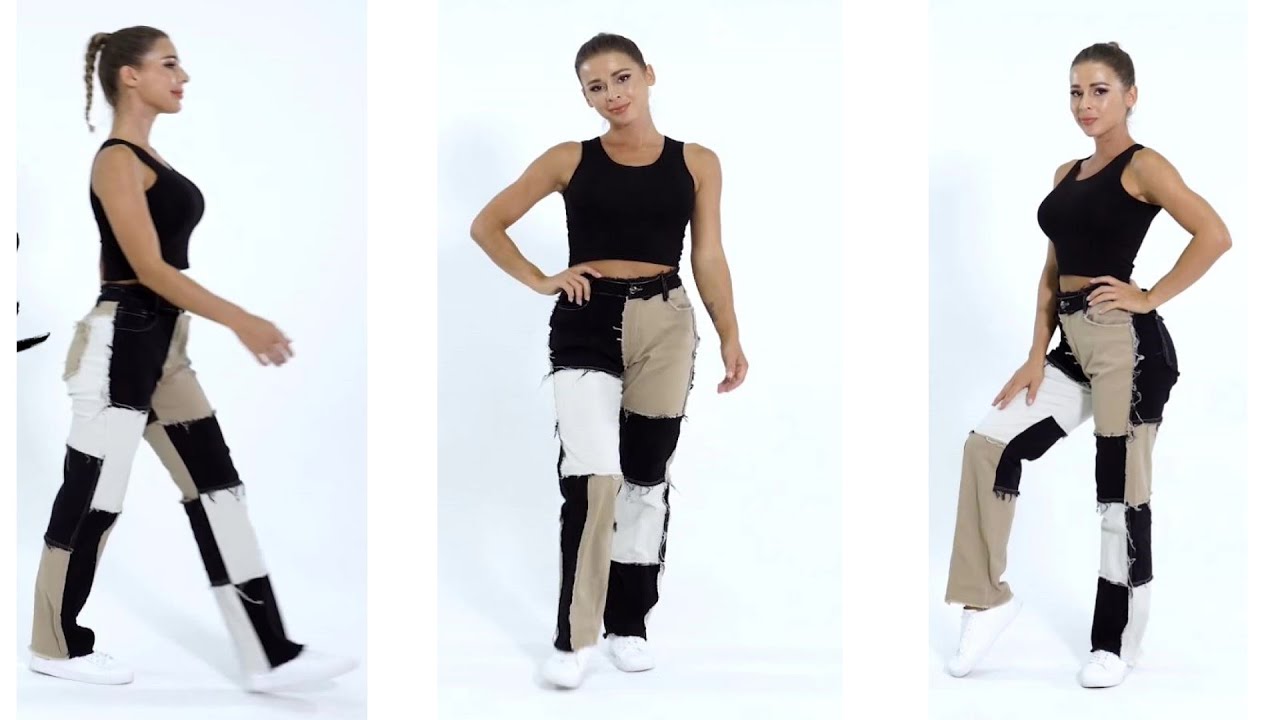 Watch video Patchwork Jeans Women Patchwork Skate Pants Straight-Leg Denim Now Patchwork Jeans Women Patchwork Skate Pants Straight-Leg Denim