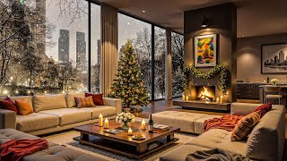 🎄🎅 Christmas Jazz Comfort 2026 ❄️ Luxury Living Room with Snowy Windows & Relaxing Fireplace Warmth🔥
