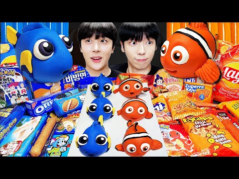 ASMR MUKBANG | comida naranja VS azul! gelatina, dulces, postres(chocolate) tienda de conveniencia