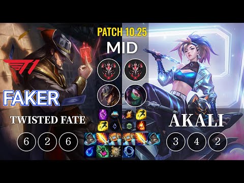 T1 Faker Twisted Fate vs Akali Mid - KR Patch 10.25