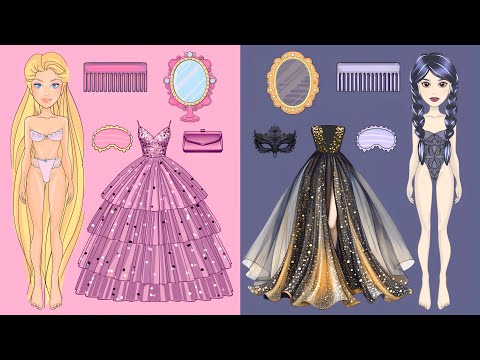Paper Dolls Dress Up - Rich Pink Rapunzel Vs Poor Black Wednesday Handmade Papercraft