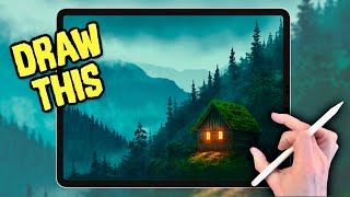 Procreate Landscape Drawing Tutorial In Easy Steps - Mountain Cabin