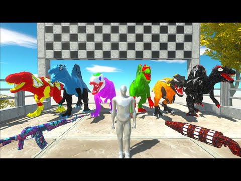 3 TRex vs 3 Spino Superheroes Dc Marvel Fps Avatar Speed Race Champions Hunting Found Jurassic world