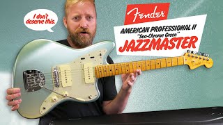 Video thumbnail for Unboxing a Fender American Professional II (the sequel) Jazzmaster in "Sea-Chrome Green" - I LOVE IT by 60 Cycle Hum