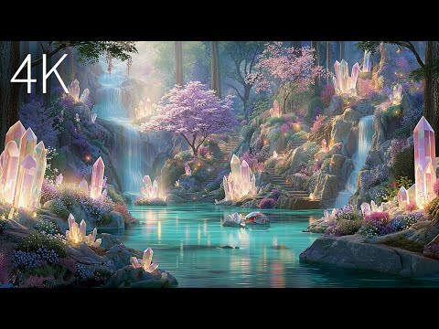 Magical Glowing Crystals 4K Enchanted Fantasy Garden Mystical Dreamy Forest Serene Ethereal Calming