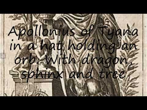 How to pronounce Apollonius of Tyana in a hat holding an orb. With dragon, sphinx and tree in Englis