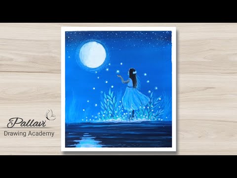 How to draw a girl looking the  moon || step by step night painting || Pallavi Drawing Academy ||