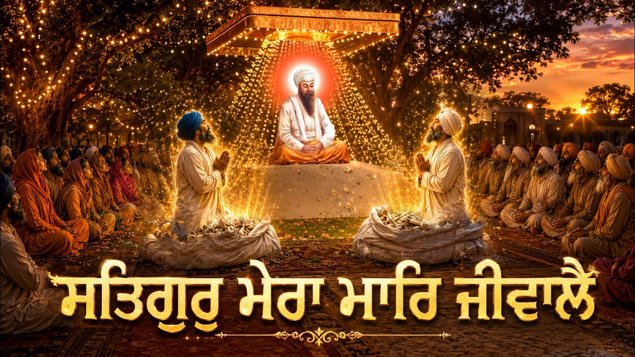 ਸਤਿਗੁਰੁ ਮੇਰਾ ਸਰਬ ਪ੍ਰਤਿਪਾਲੈ ॥ ਸਤਿਗੁਰੁ ਮੇਰਾ ਮਾਰਿ ਜੀਵਾਲੈ ॥ <br/>Satgur Mera Sarab PritPalai, Satguru Mera Maar Jeevalain