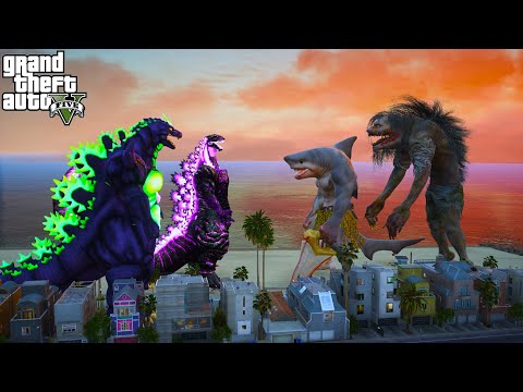 Super Godzilla And Shin Godzilla  VS Wereshark and Giant Varcolac- GTA V Mods