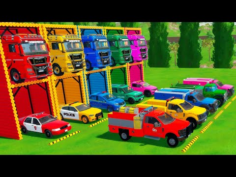 TRANSPORTING ALL POLICE CARS and AMBULANCE EMERGENCY VEHICLES WITH MERCEDES POLICE TRUCKS! | FS22
