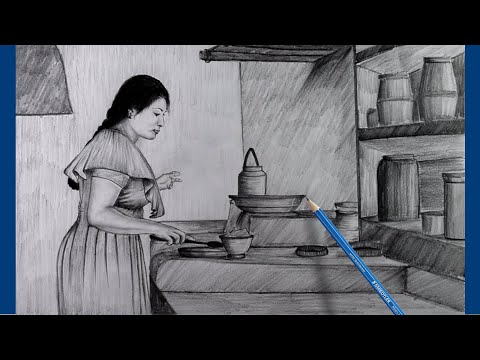 How to Draw & Shading  Figure Composition of  Village Women Cooking | Pencil Sketch