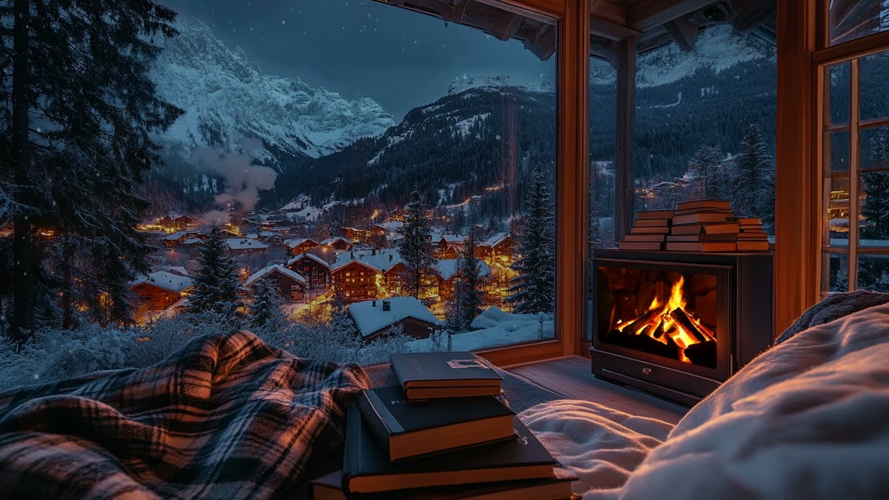 Winter Serenity: Unwind by a Crackling Fireplace with Snowfall Outside – The Ultimate Ambience
