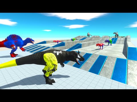 SPIDERMAN DINOSAURS T-REX vs SPINOSAURUS RACE BATTLE COMPETITION - Animal Revolt Battle Simulator