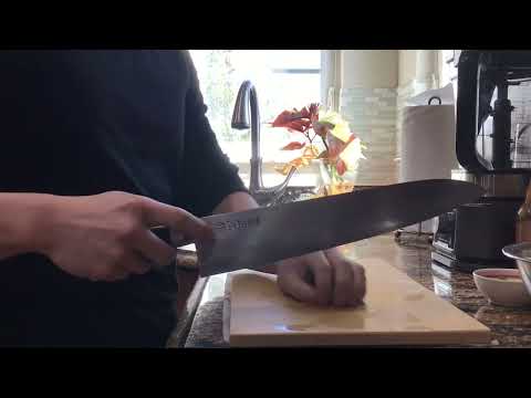 Masahiro Virgin Carbon 300 mm Gyuto vegetable test cuts after thinning