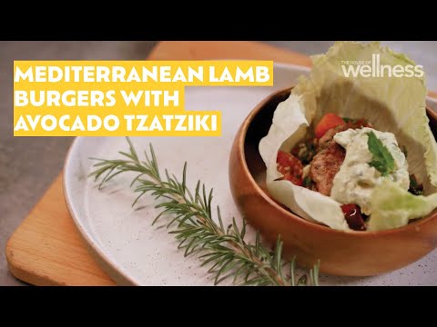 Zoe's Mediterranean lamb burgers with avocado tzatziki, wrapped in lettuce leaves