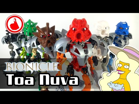 YouTube thumbnail: Lego Bionicle Review: 2002 Toa Nuva sets and lore. Tahu, Kopaka, Lewa, Onua, Pohatu and Gali!