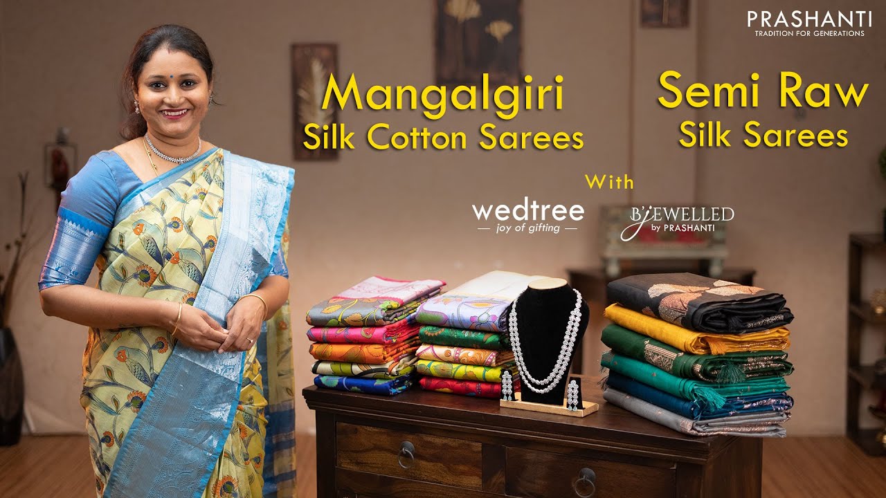 <p style="color: red">Video : </p>Mangalgiri Silk Cottons  Semi Raw Silk Sarees &amp; AD-Zircon Haaram | Prashanti | 6 Aug 22 2022-08-07