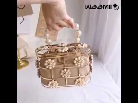 Luxury Diamond Pearls Beaded Basket Metallic Cage Clutch